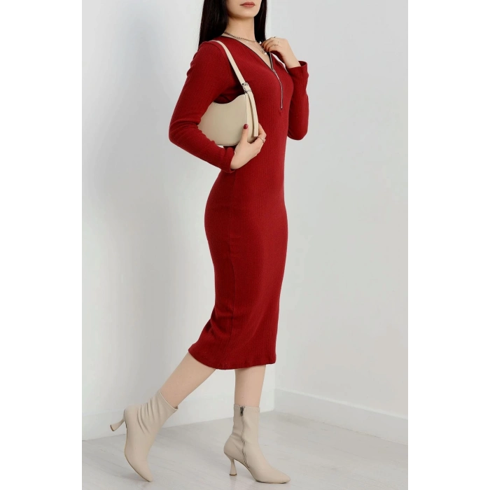 TAVSİYE EDİLEN GÜVENLİ SATICI Fermuar detaylı fitilli şardonlu elbise bordo a3178