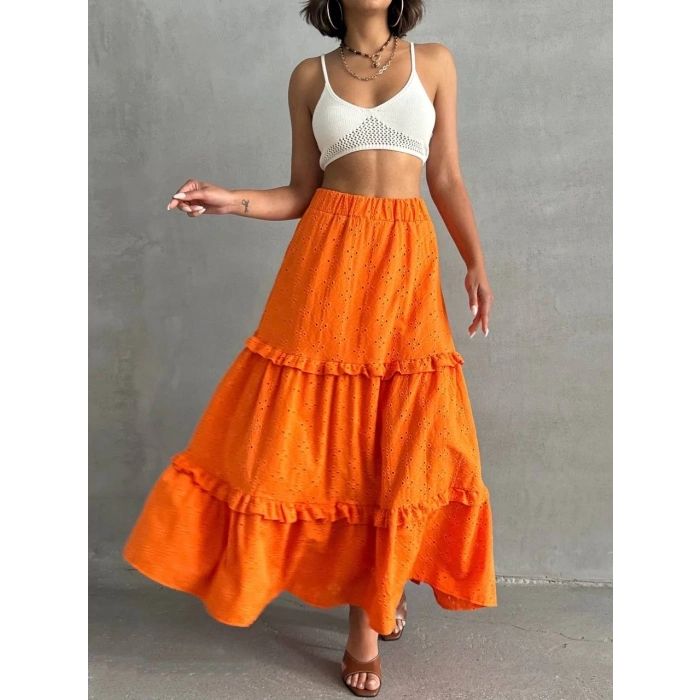 TAVSİYE EDİLEN GÜVENLİ SATICI Fırfırlı brodeli astarlı uzun etek turuncu s255047