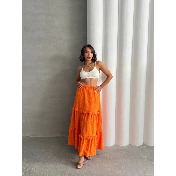 TAVSİYE EDİLEN GÜVENLİ SATICI Fırfırlı brodeli astarlı uzun etek turuncu s255047