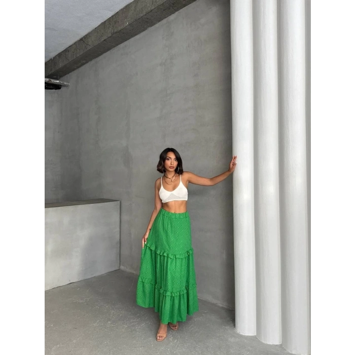 TAVSİYE EDİLEN GÜVENLİ SATICI Fırfırlı brodeli astarlı uzun etek yeşil s255047
