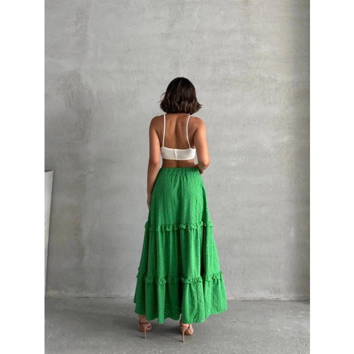 TAVSİYE EDİLEN GÜVENLİ SATICI Fırfırlı brodeli astarlı uzun etek yeşil s255047