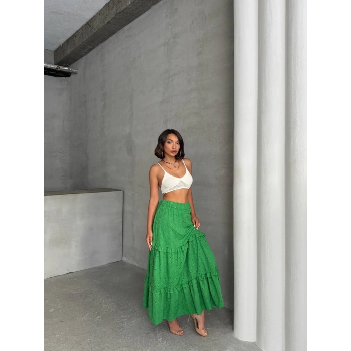 TAVSİYE EDİLEN GÜVENLİ SATICI Fırfırlı brodeli astarlı uzun etek yeşil s255047