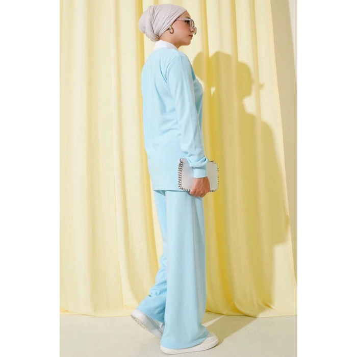 TAVSİYE EDİLEN GÜVENLİ SATICI Gömlek Yaka Fitilli Salaş İkili Takım Buz Mavisi T4300