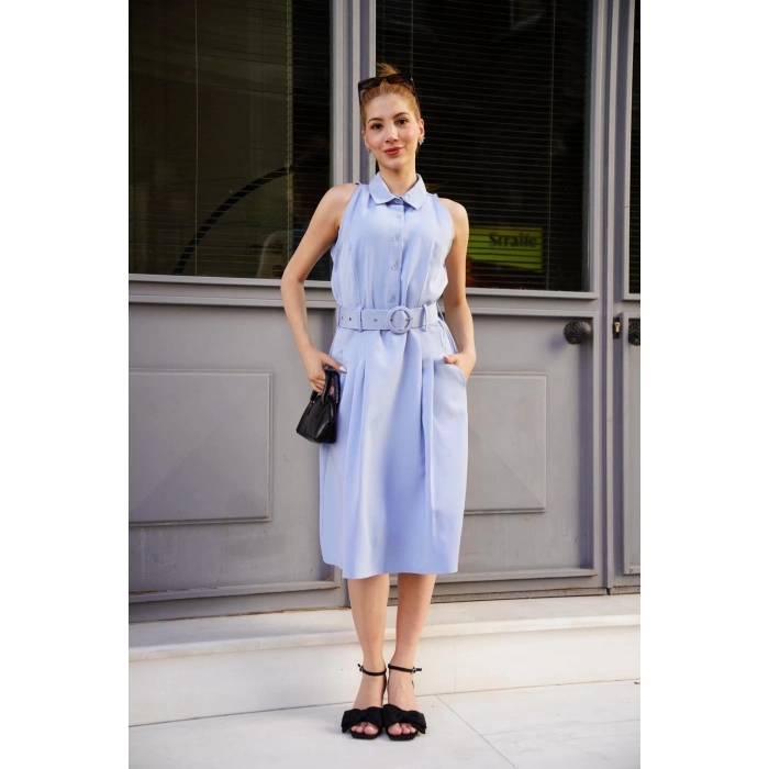 TAVSİYE EDİLEN GÜVENLİ SATICI Gömlek yaka kemerli elbise mavi s255061