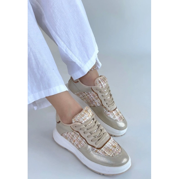 TAVSİYE EDİLEN GÜVENLİ SATICI Hawer Bej Cilt Bağcıklı Spor Ayakkabı