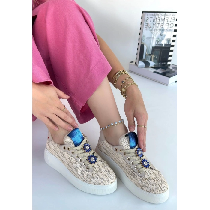 TAVSİYE EDİLEN GÜVENLİ SATICI Iwer Bej Hasır Dokumalı Bağcıklı Spor Ayakkabı