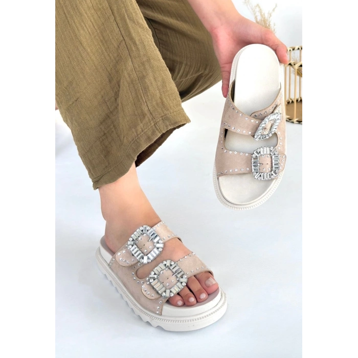 TAVSİYE EDİLEN GÜVENLİ SATICI Juana Bej Nubuk Taşlı Terlik