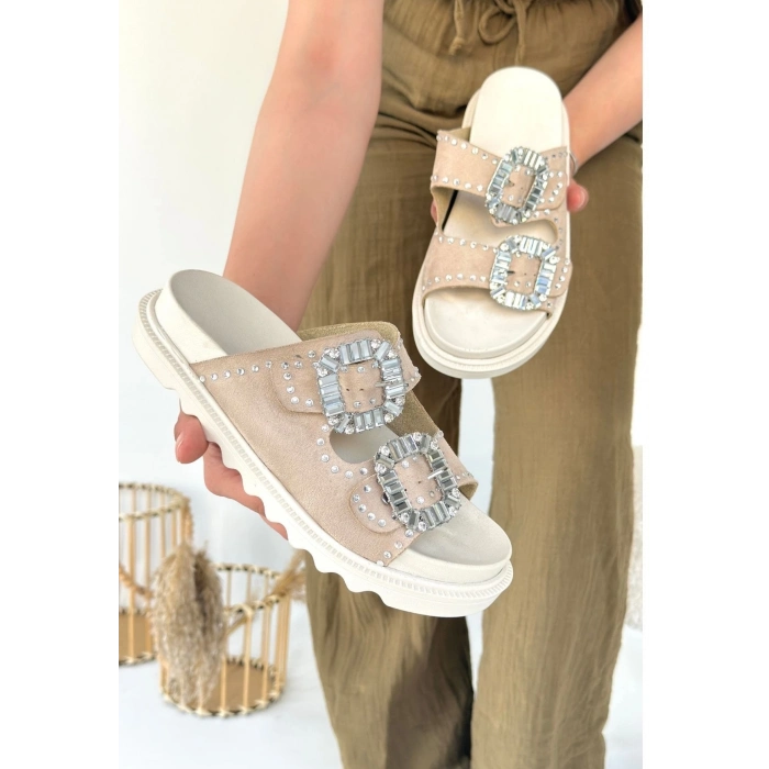 TAVSİYE EDİLEN GÜVENLİ SATICI Juana Bej Nubuk Taşlı Terlik