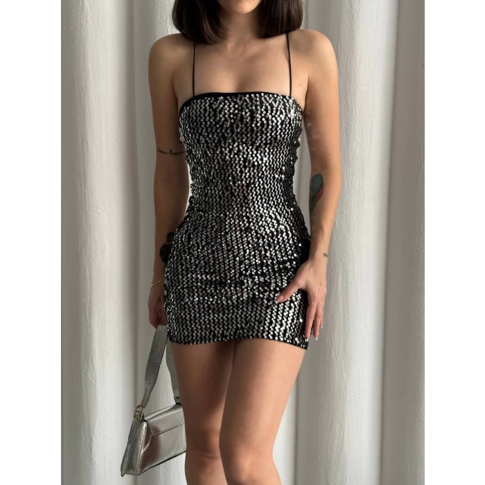 TAVSİYE EDİLEN GÜVENLİ SATICI Kadın pullu siyah ince askılı elbise s8110