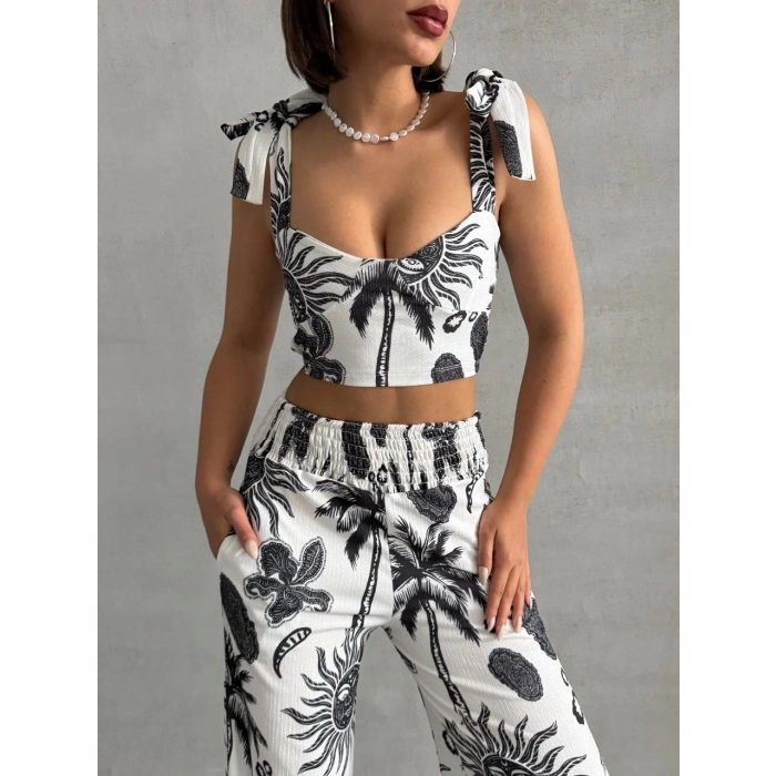 TAVSİYE EDİLEN GÜVENLİ SATICI Kadın Siyah Beyaz Tropikal Desenli Askılı Crop Takım
