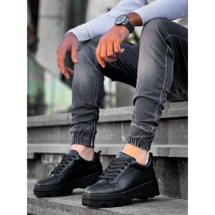 TAVSİYE EDİLEN GÜVENLİ SATICI KB-056 Kuback Siyah Cilt Siyah Yüksek Taban Günlük Spor Ayakkabı