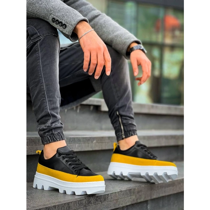 TAVSİYE EDİLEN GÜVENLİ SATICI KB-056 Kuback Siyah Sarı Detaylı Beyaz Yüksek Taban Günlük Spor Ayakkabı
