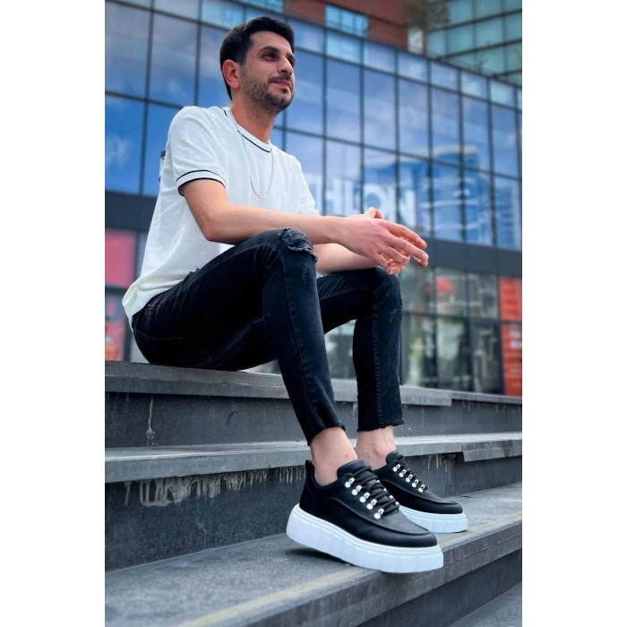 TAVSİYE EDİLEN GÜVENLİ SATICI KB-X10 Kuback Siyah Cilt  Beyaz Yüksek Taban Günlük Spor Ayakkabı