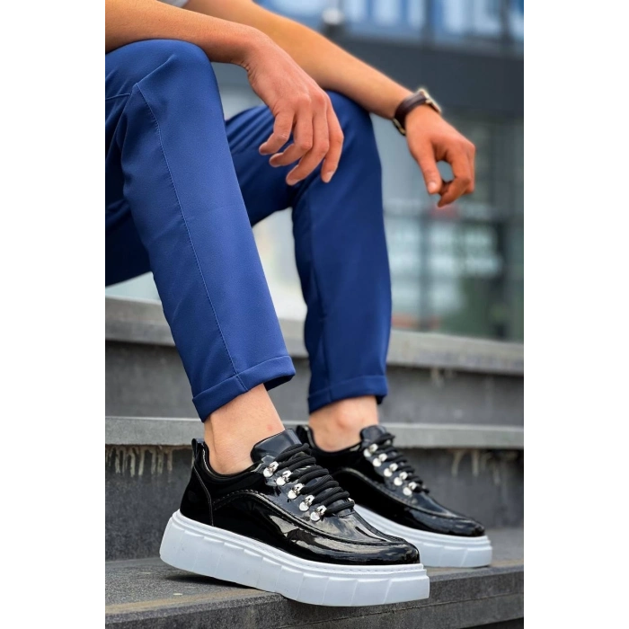 TAVSİYE EDİLEN GÜVENLİ SATICI KB-X10 Kuback Siyah Rugan Beyaz Yüksek Taban Günlük Spor Ayakkabı