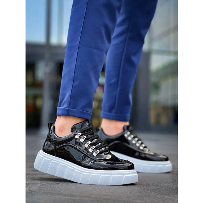 TAVSİYE EDİLEN GÜVENLİ SATICI KB-X10 Kuback Siyah Rugan Beyaz Yüksek Taban Günlük Spor Ayakkabı