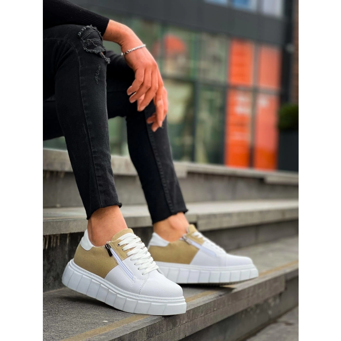 TAVSİYE EDİLEN GÜVENLİ SATICI KB-X155 Kuback Beyaz Cilt Bej Süet Detaylı Beyaz Yüksek Taban Günlük Spor Ayakkabı