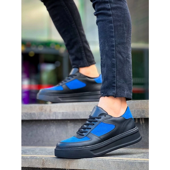 TAVSİYE EDİLEN GÜVENLİ SATICI KB-X8 Kuback Siyah Cilt Mavi Süet Detaylı Siyah Yüksek Taban Günlük Spor Ayakkabı
