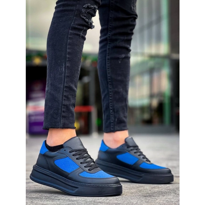 TAVSİYE EDİLEN GÜVENLİ SATICI KB-X8 Kuback Siyah Cilt Mavi Süet Detaylı Siyah Yüksek Taban Günlük Spor Ayakkabı