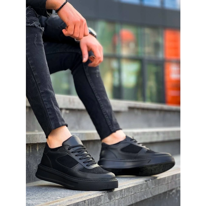 TAVSİYE EDİLEN GÜVENLİ SATICI KB-X8 Kuback Siyah Cilt Siyah Süet  Detaylı Siyah Yüksek Taban Günlük Spor Ayakkabı