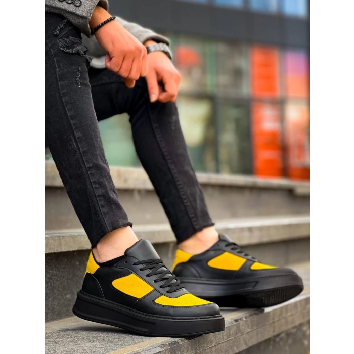 TAVSİYE EDİLEN GÜVENLİ SATICI KB-X8 Kuback Siyah Sarı Cilt Yüksek Taban Günlük Spor Ayakkabı