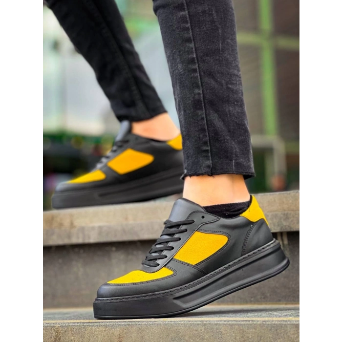 TAVSİYE EDİLEN GÜVENLİ SATICI KB-X8 Kuback Siyah Sarı Cilt Yüksek Taban Günlük Spor Ayakkabı