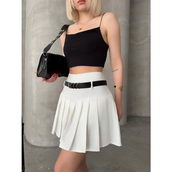 TAVSİYE EDİLEN GÜVENLİ SATICI Kemerli piliseli şort etek beyaz s25305