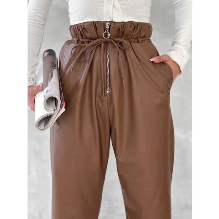 TAVSİYE EDİLEN GÜVENLİ SATICI Kendinden ince kemerli deri pantolon kahve t1178