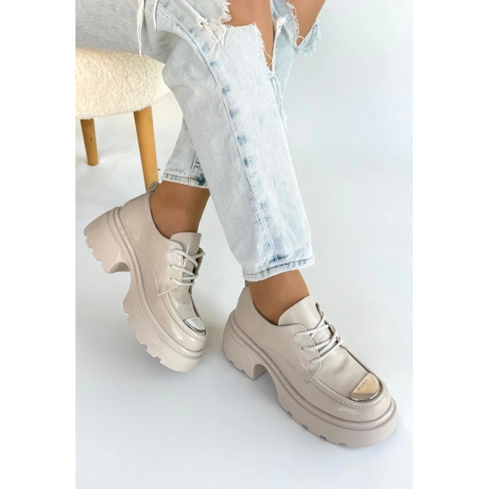 TAVSİYE EDİLEN GÜVENLİ SATICI Kiya Bej Rugan Dolgu Topuk Oxford Ayakkabı