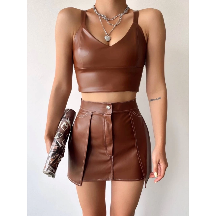 TAVSİYE EDİLEN GÜVENLİ SATICI Kontrast deri etek kahve w260015