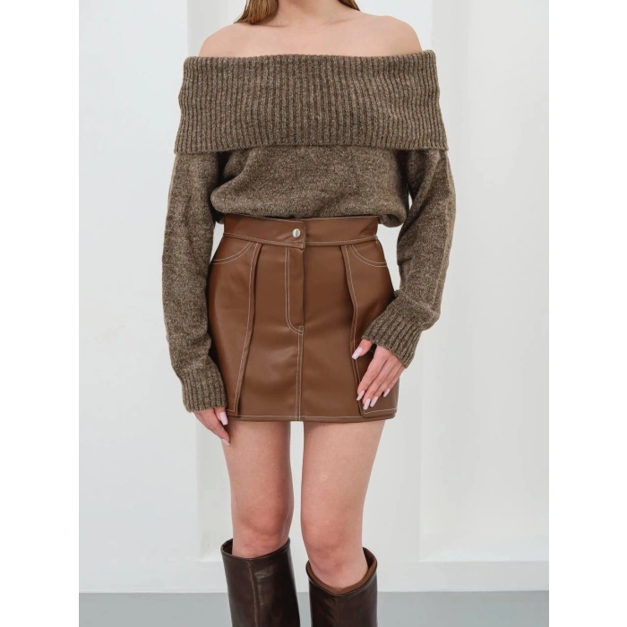 TAVSİYE EDİLEN GÜVENLİ SATICI Kontrast deri etek kahve w260015