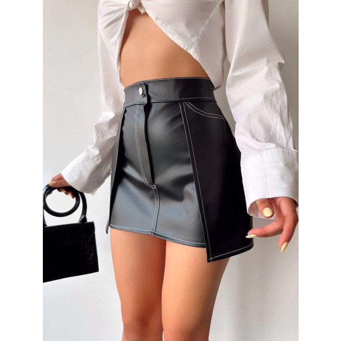 TAVSİYE EDİLEN GÜVENLİ SATICI Kontrast deri etek siyah w260015