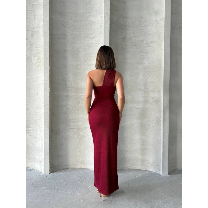 TAVSİYE EDİLEN GÜVENLİ SATICI Krinkıl tek omuz uzun elbise bordo s25455