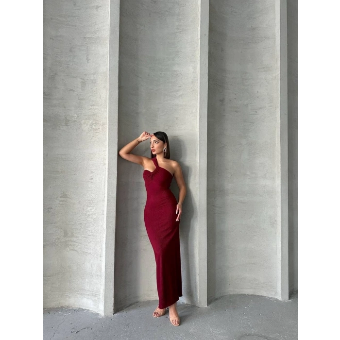 TAVSİYE EDİLEN GÜVENLİ SATICI Krinkıl tek omuz uzun elbise bordo s25455