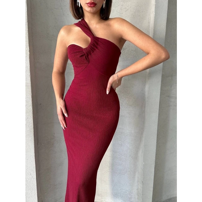 TAVSİYE EDİLEN GÜVENLİ SATICI Krinkıl tek omuz uzun elbise bordo s25455