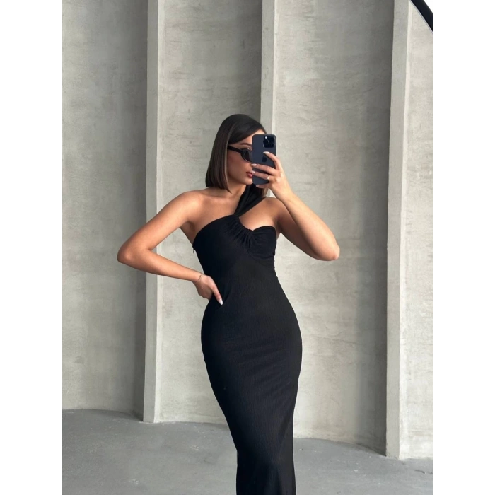 TAVSİYE EDİLEN GÜVENLİ SATICI Krinkıl tek omuz uzun elbise siyah s25455