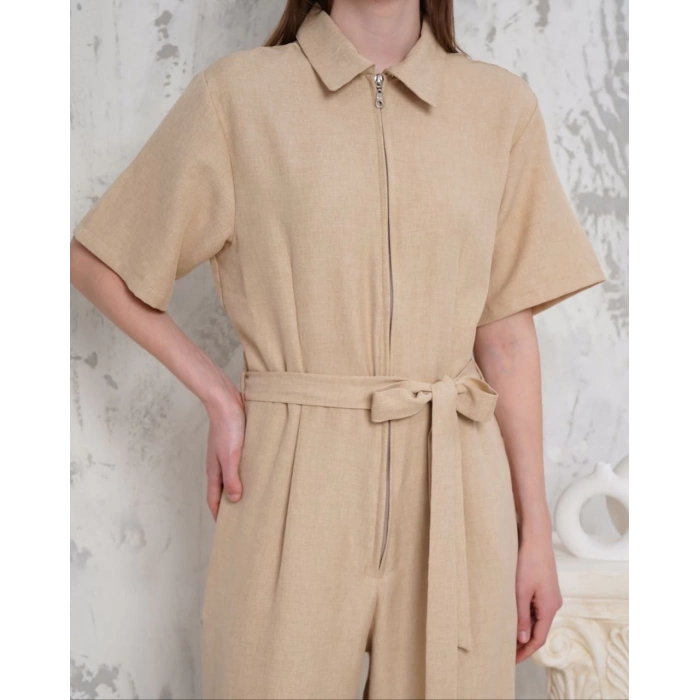 TAVSİYE EDİLEN GÜVENLİ SATICI Kuşaklı gömlek yaka salaş tulum bej s255822