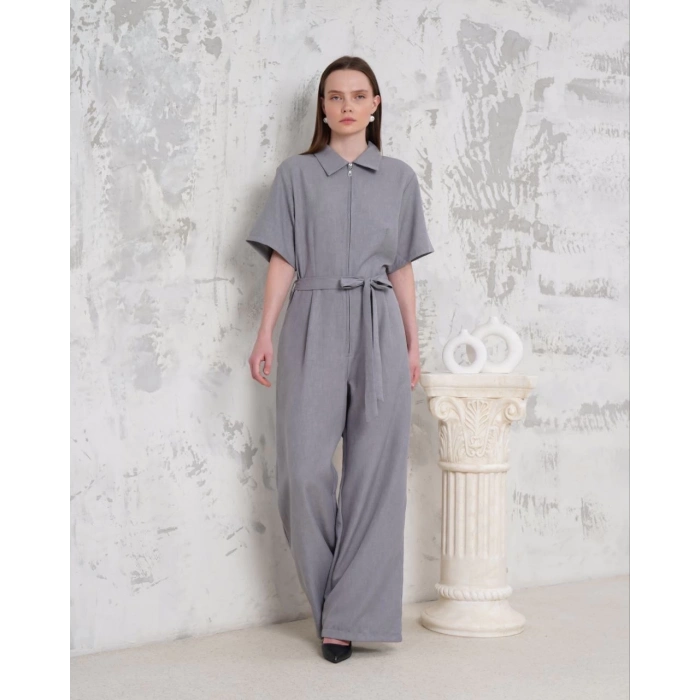 TAVSİYE EDİLEN GÜVENLİ SATICI Kuşaklı gömlek yaka salaş tulum gri s255822