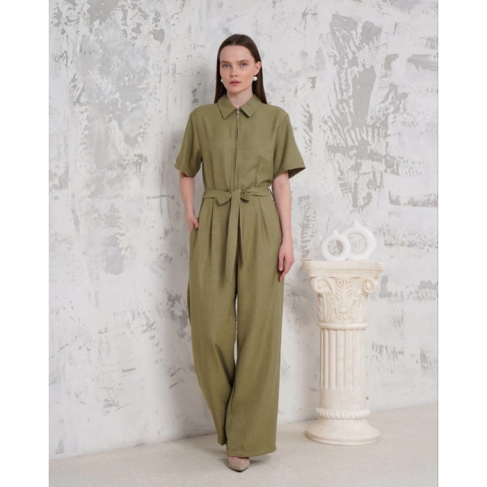 TAVSİYE EDİLEN GÜVENLİ SATICI Kuşaklı gömlek yaka salaş tulum haki s255822