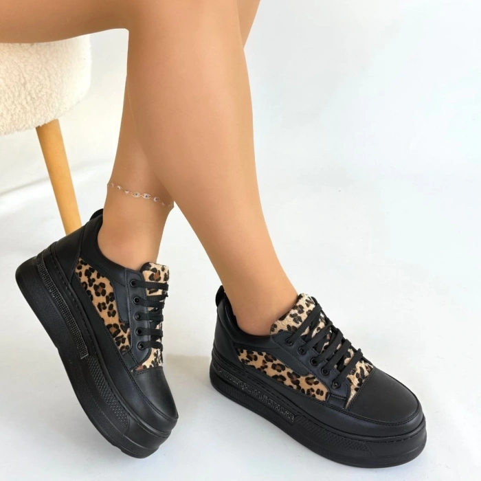 TAVSİYE EDİLEN GÜVENLİ SATICI Lorrin Siyah Cilt Leopar Detaylı Bağcıklı Spor Ayakkabı