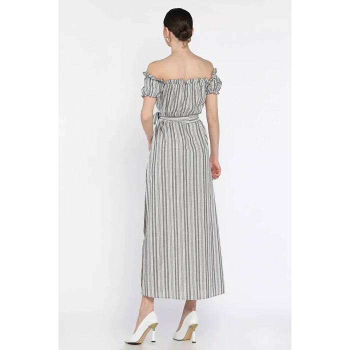 TAVSİYE EDİLEN GÜVENLİ SATICI Madonna yaka midi yırtmaçlı kuşaklı keten elbise