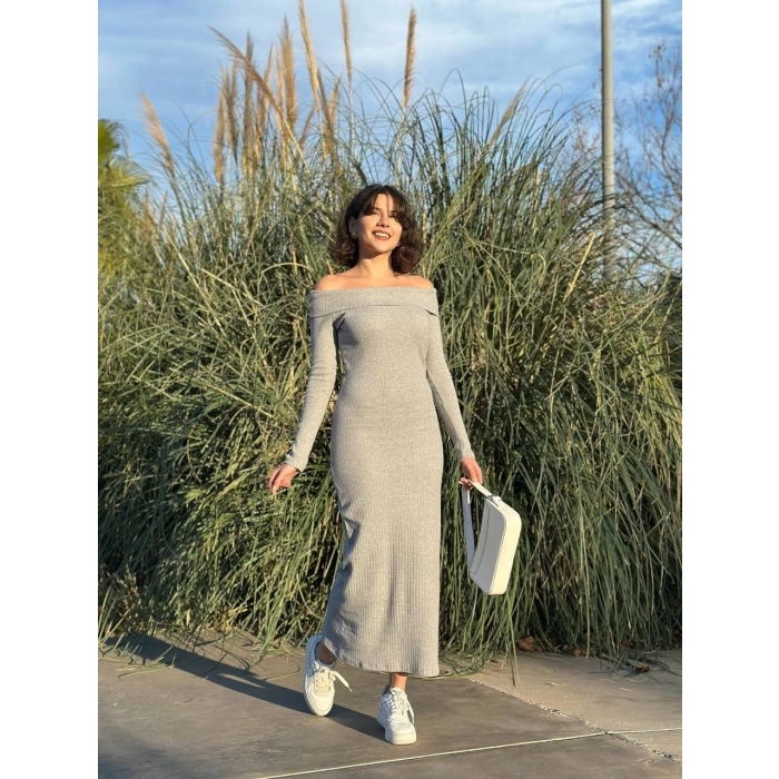 TAVSİYE EDİLEN GÜVENLİ SATICI Madonna yaka uzun elbise şardonlu kumaş gri w3753