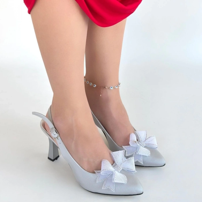 TAVSİYE EDİLEN GÜVENLİ SATICI Mewi Gümüş Saten Topuklu Ayakkabı