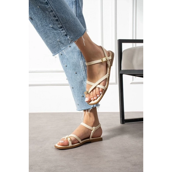 TAVSİYE EDİLEN GÜVENLİ SATICI Nordi Bej Cilt Kemerli Sandalet