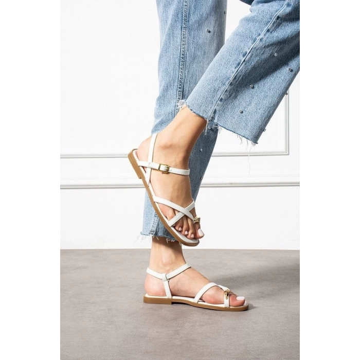 TAVSİYE EDİLEN GÜVENLİ SATICI Nordi Beyaz Cilt Kemerli Sandalet