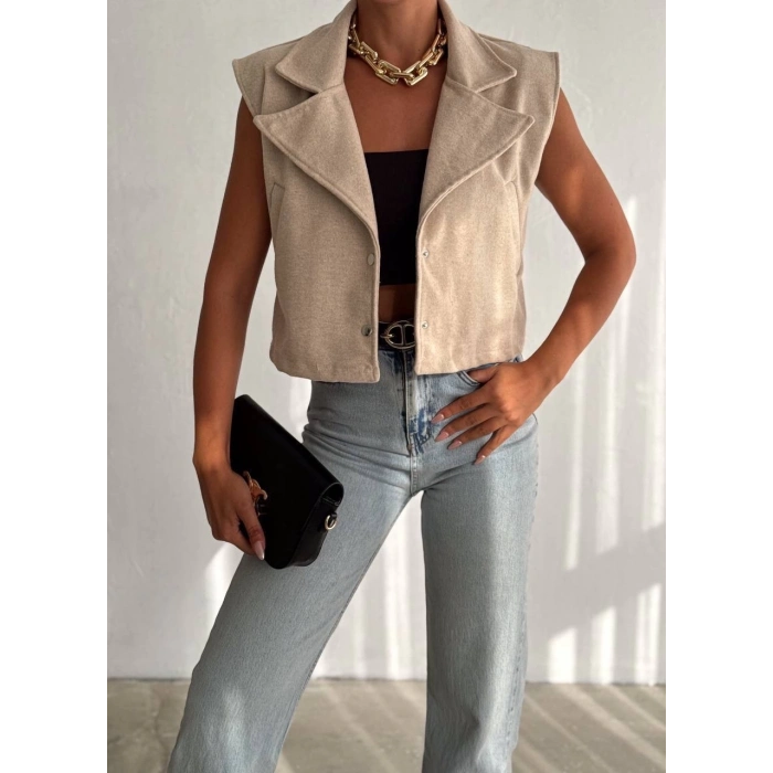 TAVSİYE EDİLEN GÜVENLİ SATICI Önü çıtçıtlı cepli kaşe yelek bej f2253