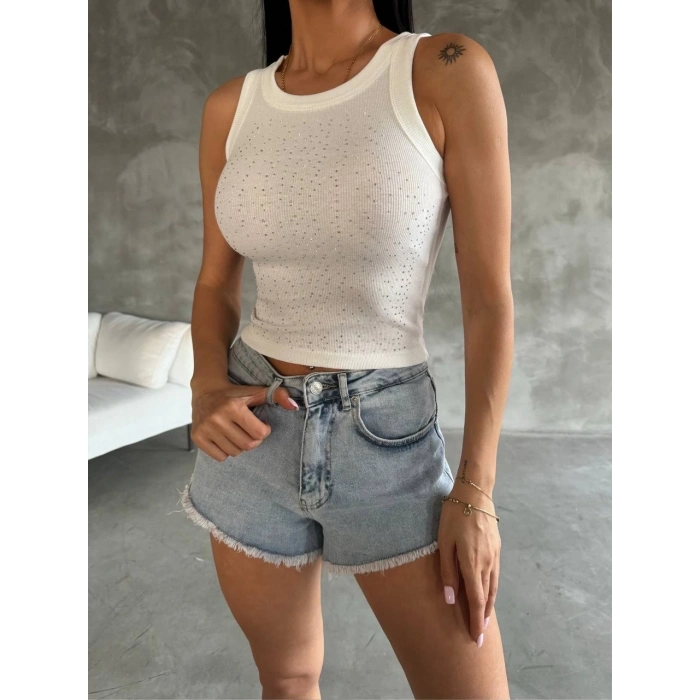 TAVSİYE EDİLEN GÜVENLİ SATICI Önü taşlı atlet beyaz s081