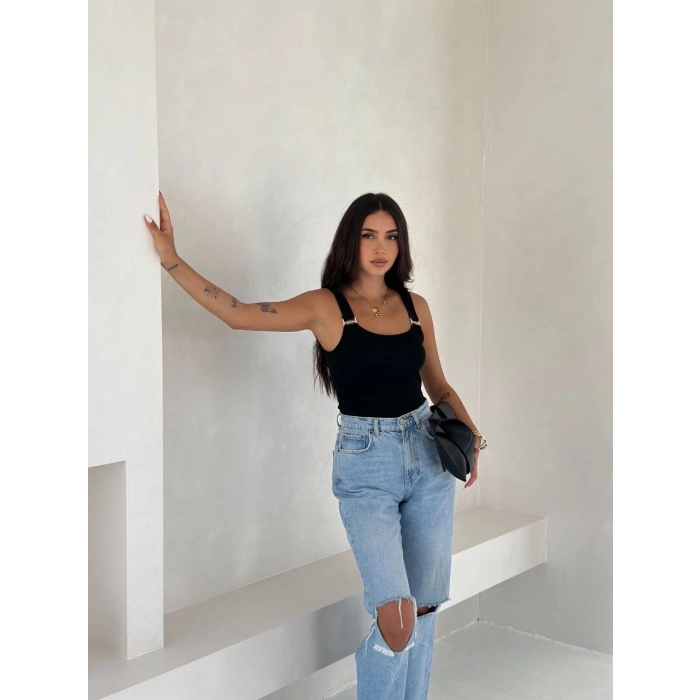 TAVSİYE EDİLEN GÜVENLİ SATICI Ottoman toka askılı bluz siyah s4194