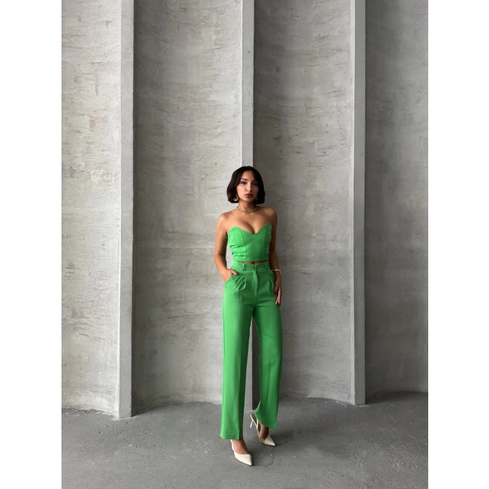 TAVSİYE EDİLEN GÜVENLİ SATICI Palazzo pantolonlu alt üst takım yeşil