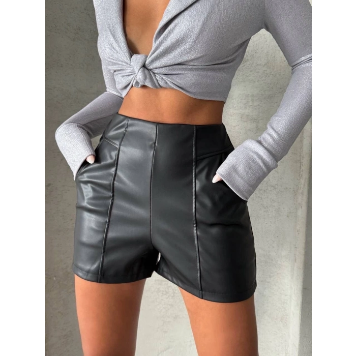 TAVSİYE EDİLEN GÜVENLİ SATICI Parçalı cepli deri şort siyah w26312