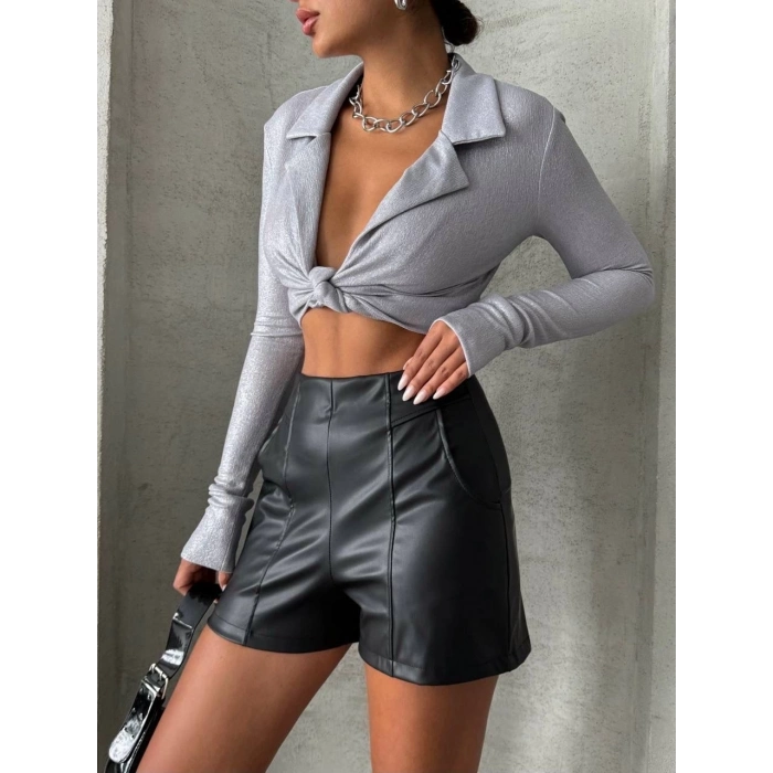 TAVSİYE EDİLEN GÜVENLİ SATICI Parçalı cepli deri şort siyah w26312